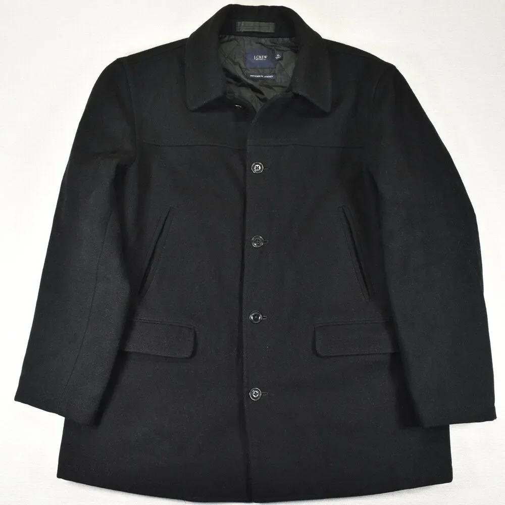 J.Crew University Jacket Mens XL Black Wool Blend Quilted Insulated Car Coat Vtg
